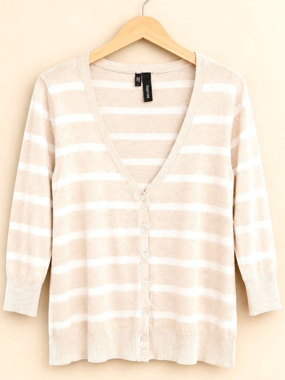 Maurices Beige & White Striped V-Neck Button Cardigan